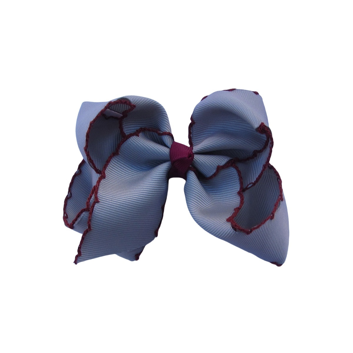 4 IN Silver w/Wine stitching Moonstitch Hair Bows on a double prong alligator with Plain center Wrap