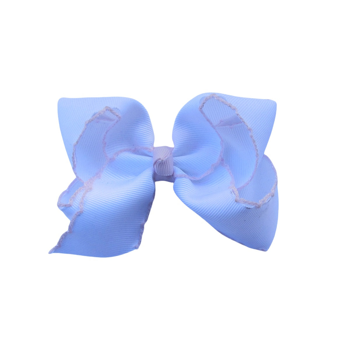 4 IN White w/Lt.Pink stitching Moonstitch Hair Bows on a double prong alligator with Plain center Wrap