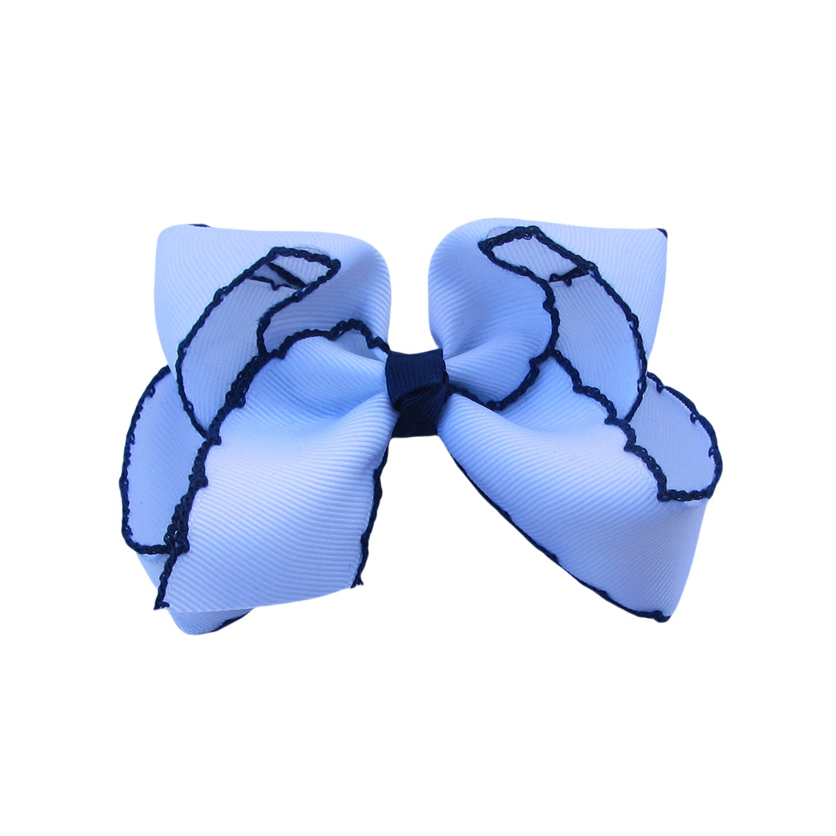 4 IN White w/Navy stitching Moonstitch Hair Bows on a double prong alligator with Plain center Wrap