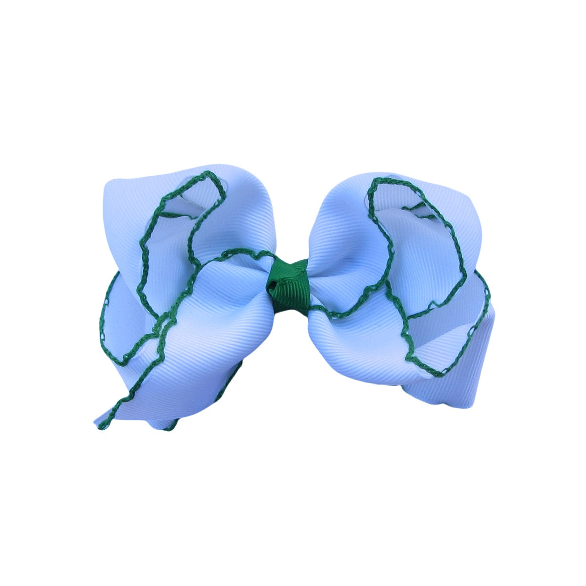 4 IN White w/Emerald stitching Moonstitch Hair Bows on a double prong alligator with Plain center Wrap