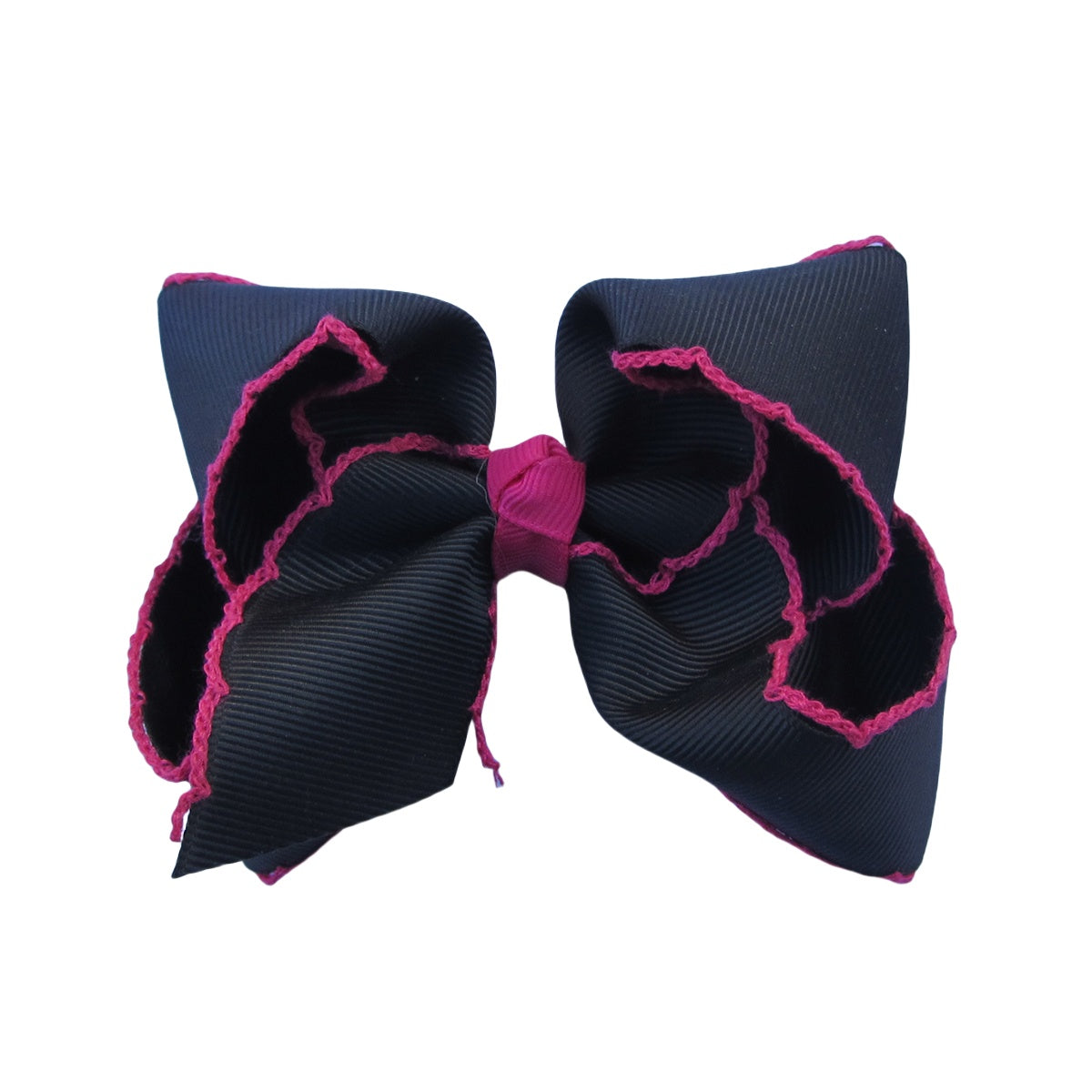 4 IN Black w/Shocking Pink stitching Moonstitch Hair Bows on a double prong alligator with Plain center Wrap