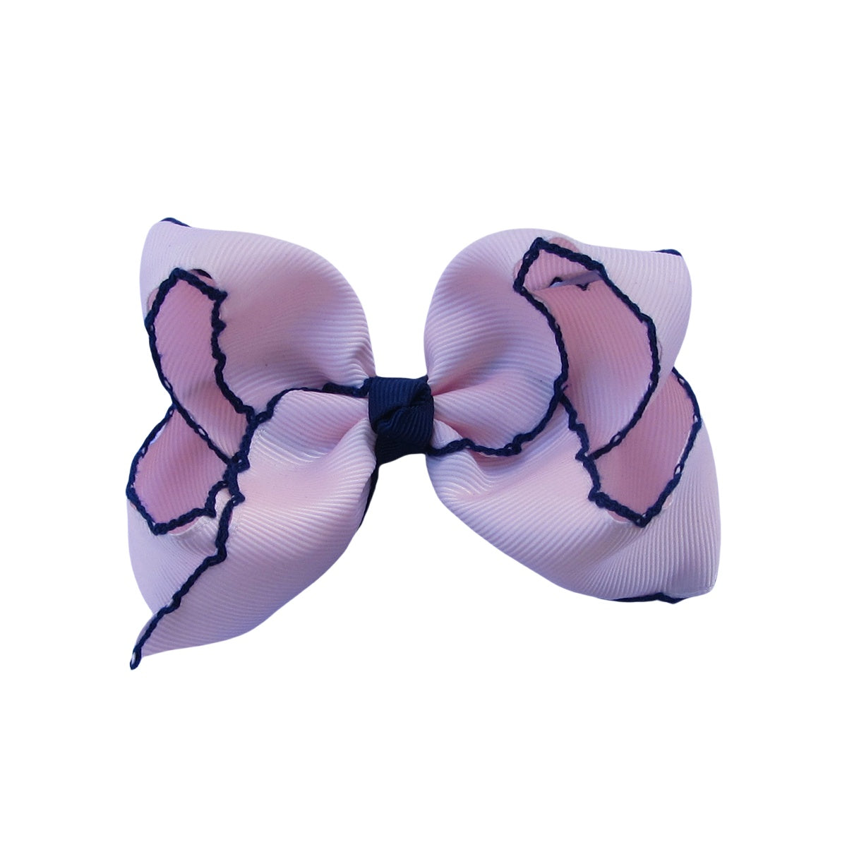 4 IN Lt.Pink w/Navy stitching Moonstitch Hair Bows on a double prong alligator with Plain center Wrap