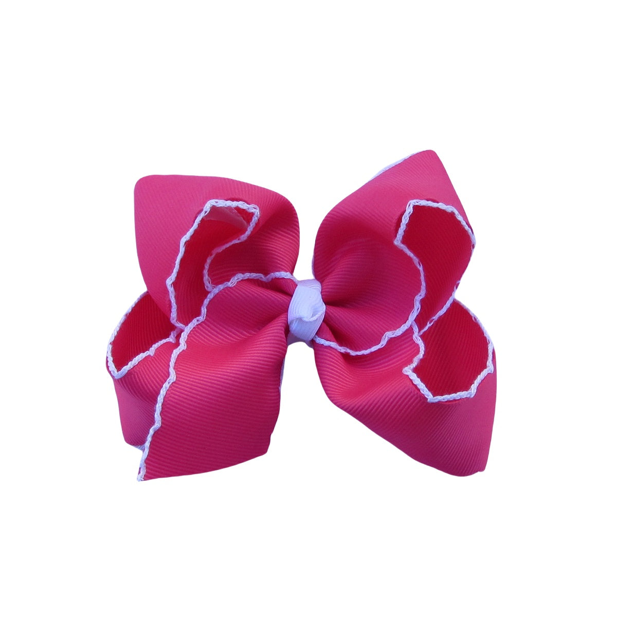 4 IN Shocking Pink w/White stitching Moonstitch Hair Bows on a double prong alligator with Plain center Wrap