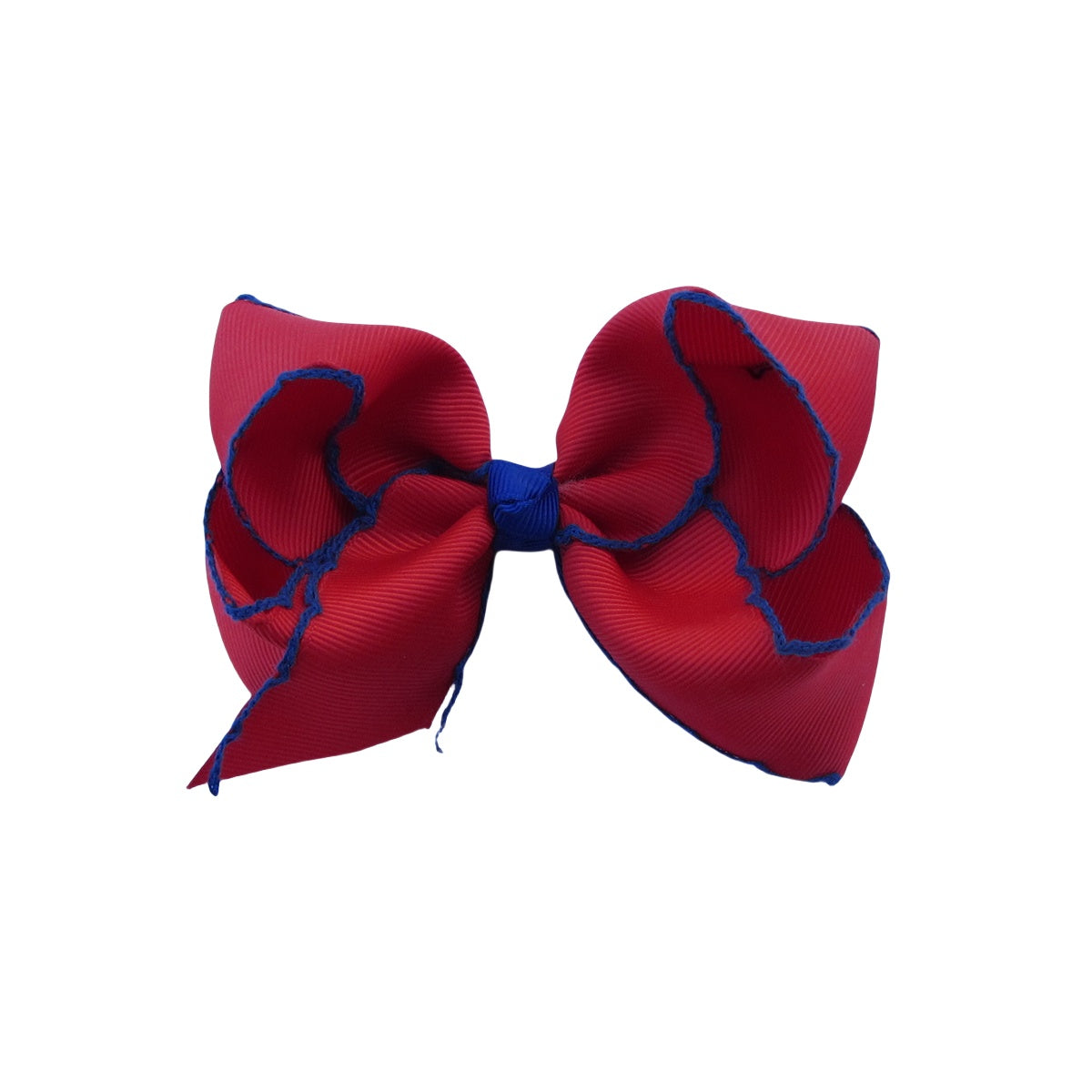 4 IN Red w/Cobalt stitching Moonstitch Hair Bows on a double prong alligator with Plain center Wrap