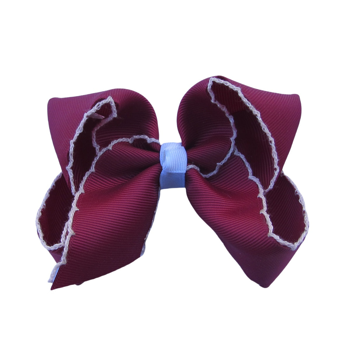 4 IN Wine w/Icy Pink stitching Moonstitch Hair Bows on a double prong alligator with Plain center Wrap