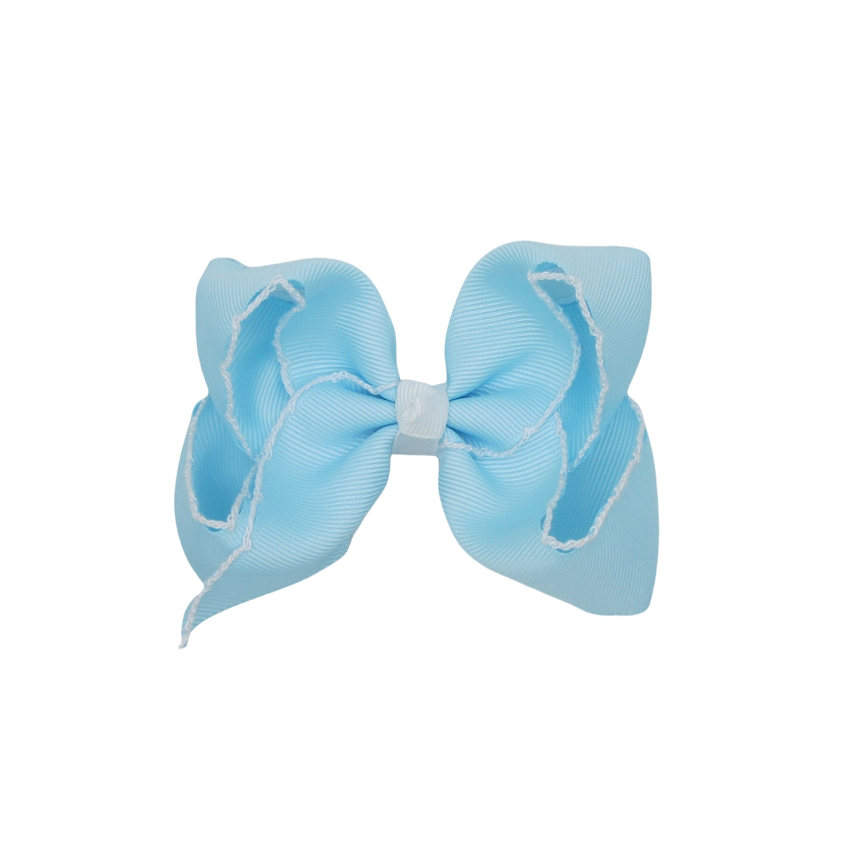 4 IN Blue Topaz w/White stitching Moonstitch Hair Bows on a double prong alligator with Plain center Wrap