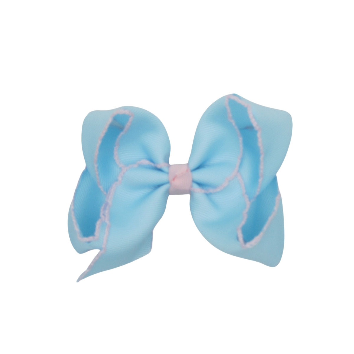 4 IN Blue Topaz w/Lt.Pink stitching Moonstitch Hair Bows on a double prong alligator with Plain center Wrap