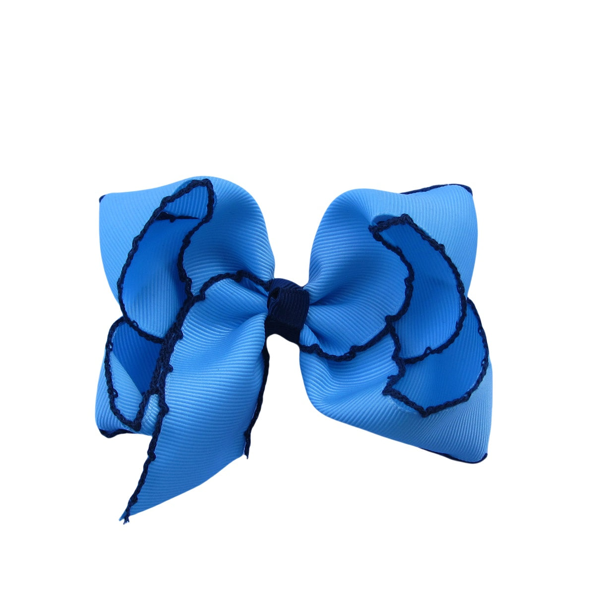 4 IN Blue Mist w/Navy stitching Moonstitch Hair Bows on a double prong alligator with Plain center Wrap