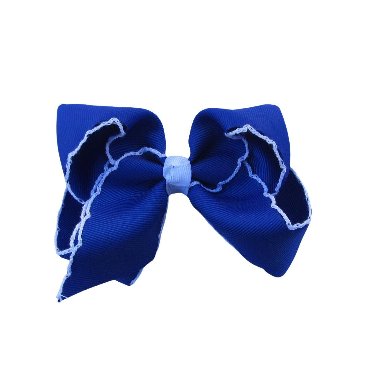 4 IN Cobalt w/White stitching Moonstitch Hair Bows on a double prong alligator with Plain center Wrap