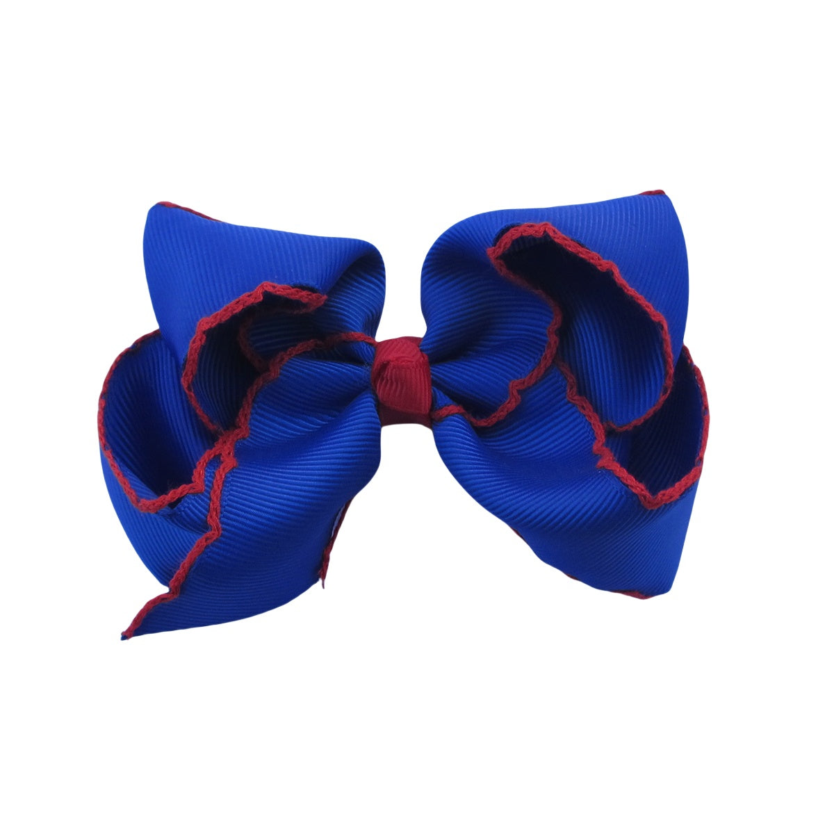 4 IN Cobalt w/Red stitching Moonstitch Hair Bows on a double prong alligator with Plain center Wrap