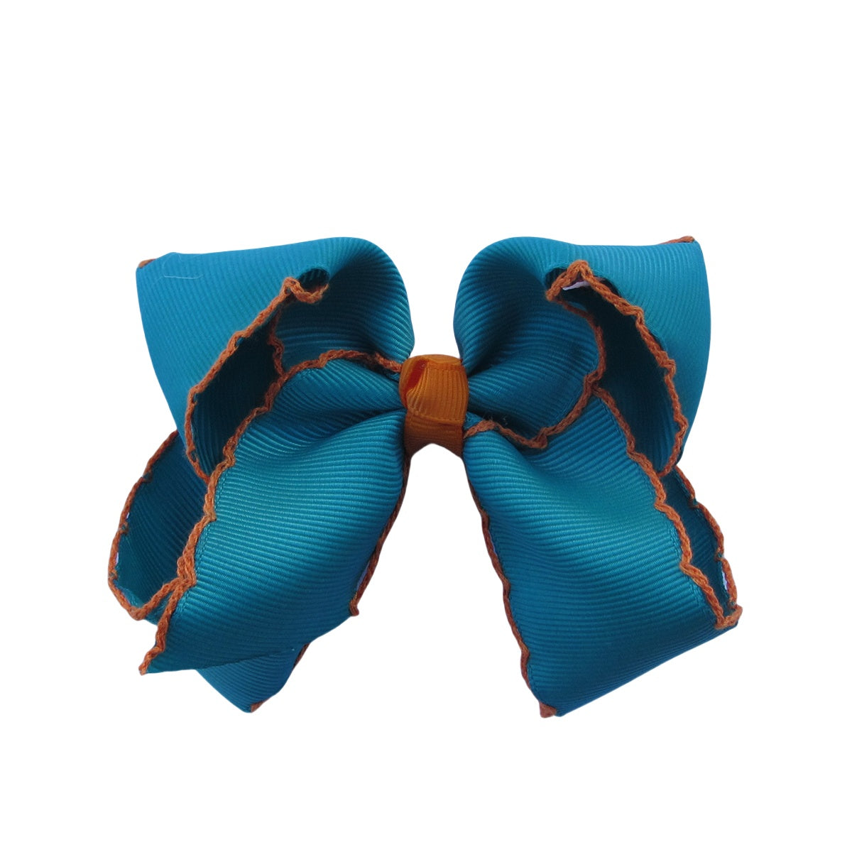 4 IN Jade w/Torrid Orange stitching Moonstitch Hair Bows on a double prong alligator with Plain center Wrap