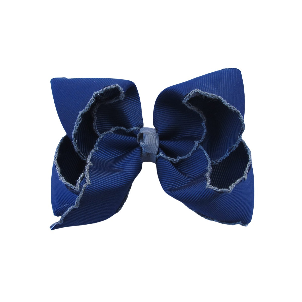 4 IN Navy w/Silver stitching Moonstitch Hair Bows on a double prong alligator with Plain center Wrap