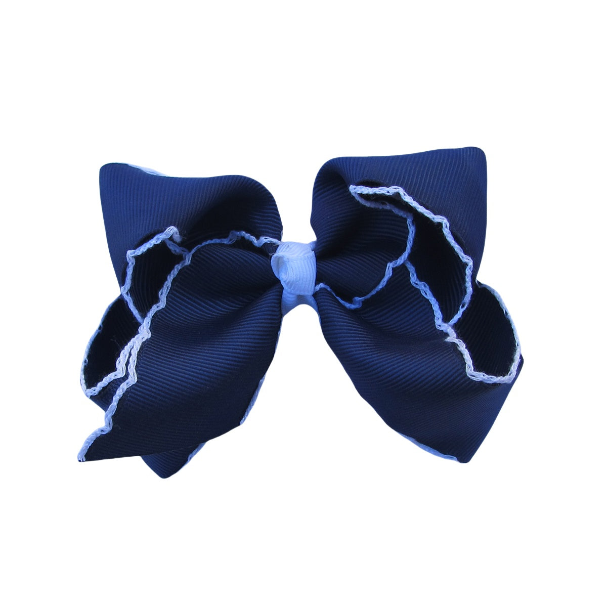 4 IN Navy w/White stitching Moonstitch Hair Bows on a double prong alligator with Plain center Wrap
