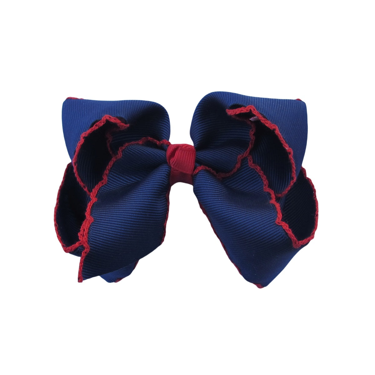 4 IN Navy w/Red stitching Moonstitch Hair Bows on a double prong alligator with Plain center Wrap