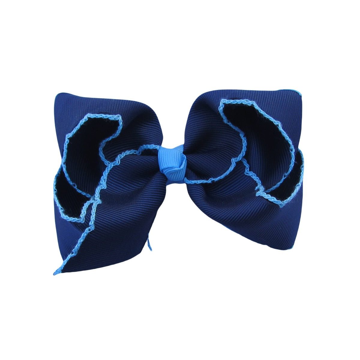 4 IN Navy w/Blue Mist stitching Moonstitch Hair Bows on a double prong alligator with Plain center Wrap