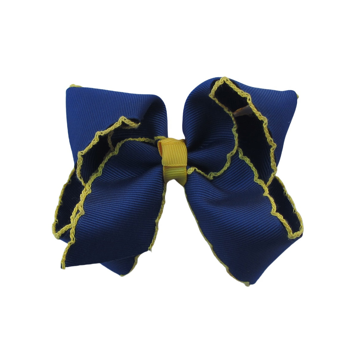 4 IN Navy w/Maize stitching Moonstitch Hair Bows on a double prong alligator with Plain center Wrap