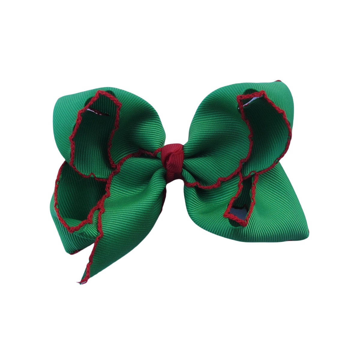 4 IN Emerald w/Red stitching Moonstitch Hair Bows on a double prong alligator with Plain center Wrap