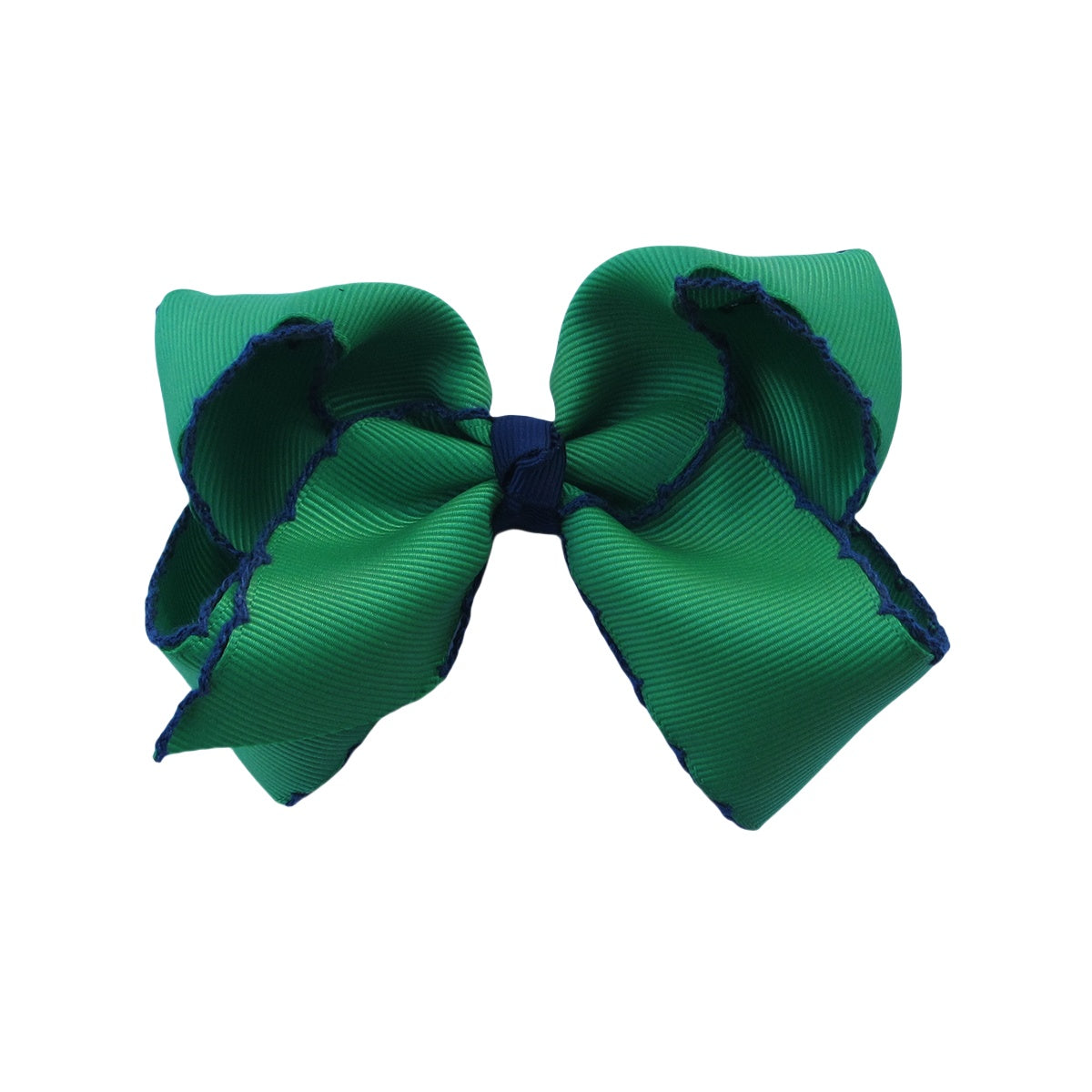 4 IN Emerald w/Navy stitching Moonstitch Hair Bows on a double prong alligator with Plain center Wrap