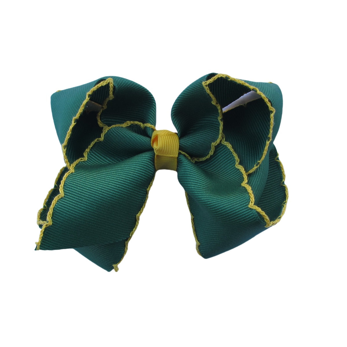 4 IN Forest Green w/Maize stitching Moonstitch Hair Bows on a double prong alligator with Plain center Wrap