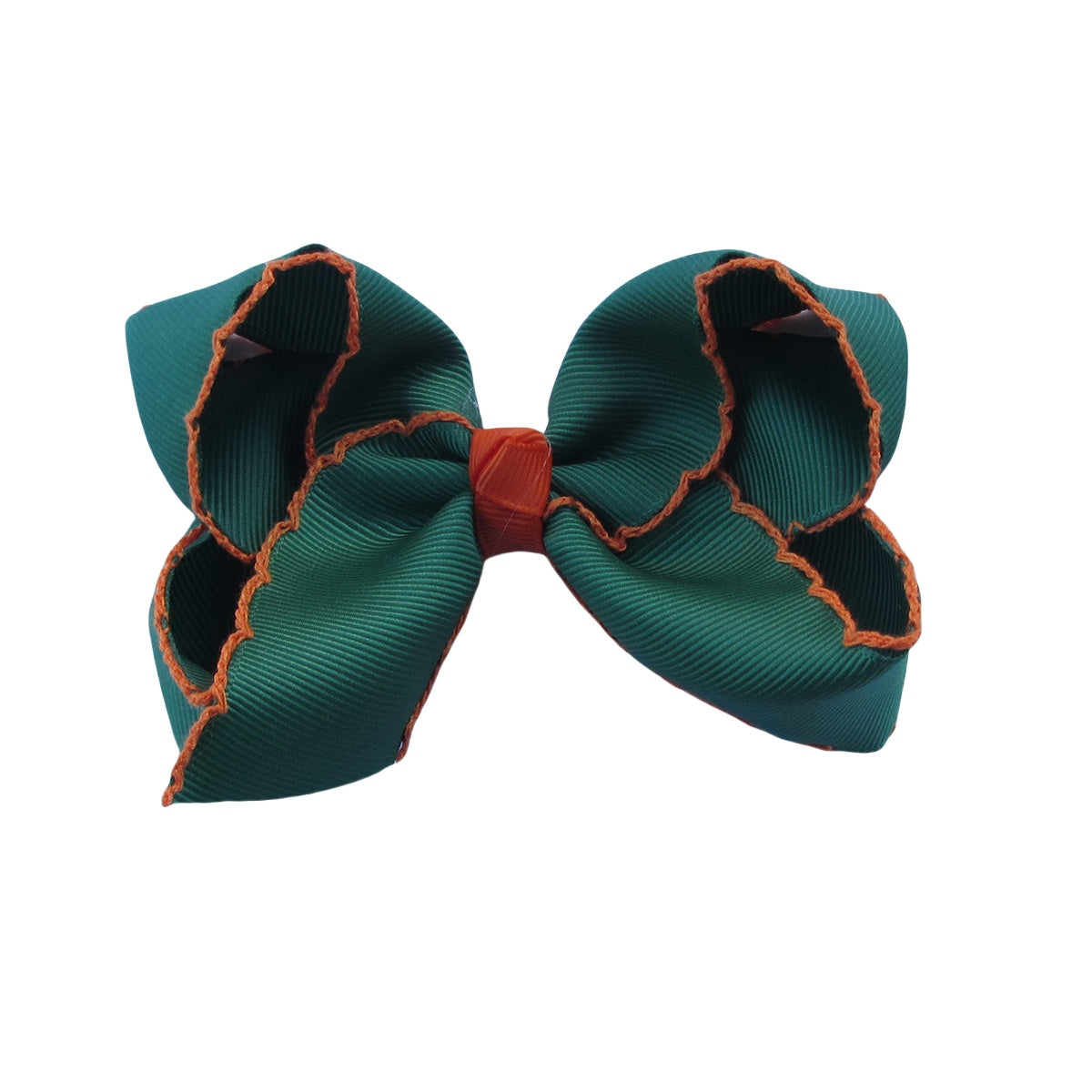 4 IN Forest Green w/Torrid Orange stitching Moonstitch Hair Bows on a double prong alligator with Plain center Wrap