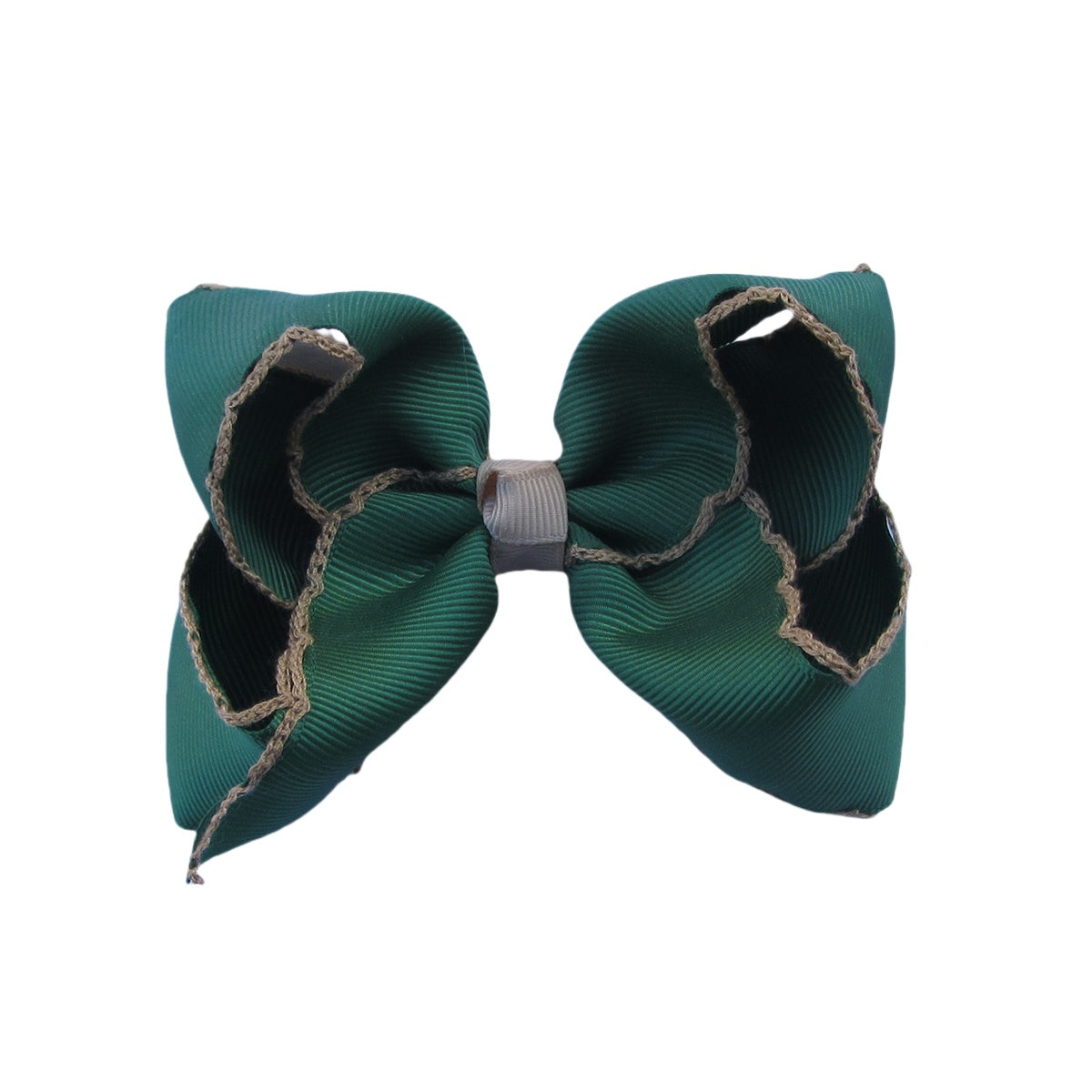 4 IN Forest Green w/Tan stitching Moonstitch Hair Bows on a double prong alligator with Plain center Wrap