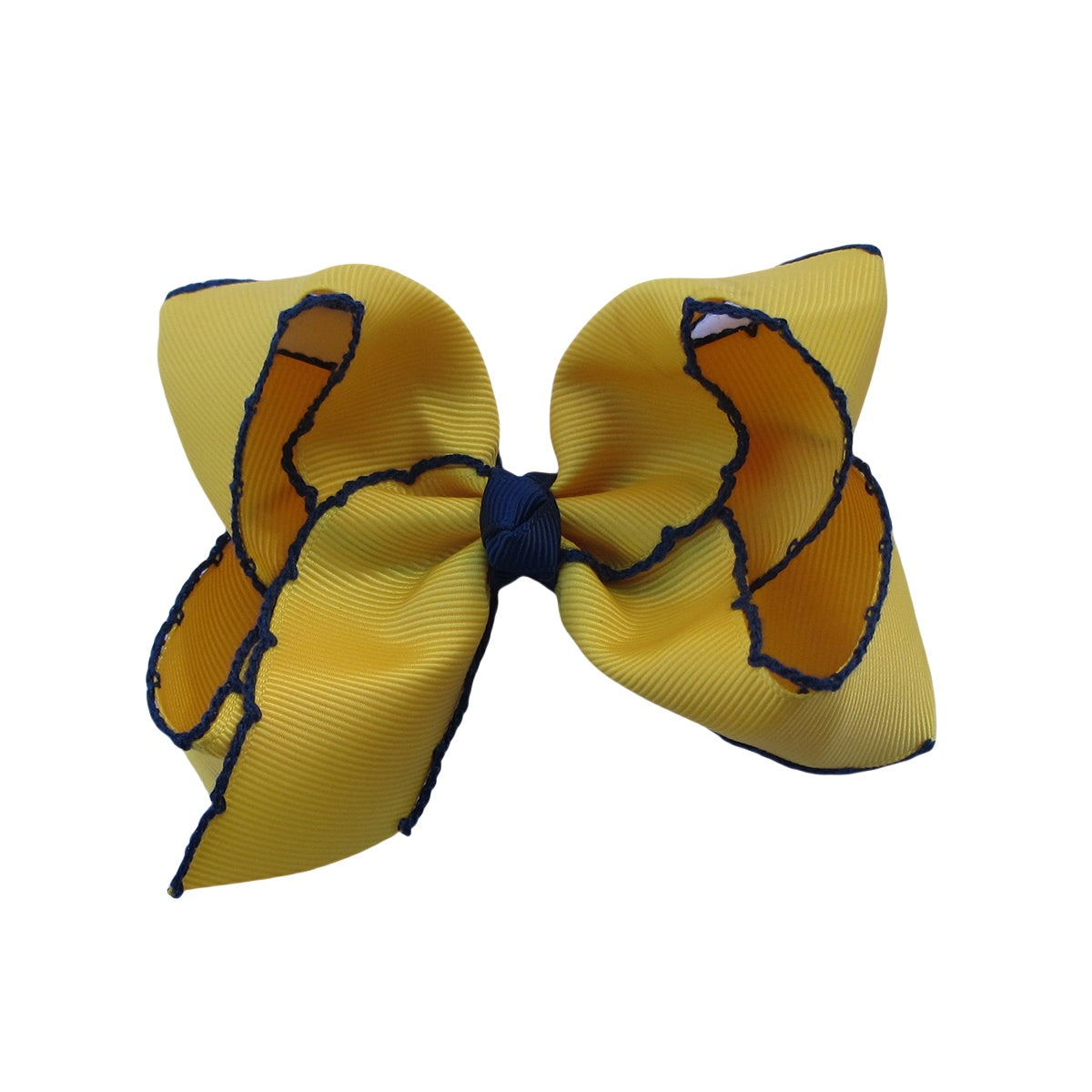 4 IN Maize w/Navy stitching Moonstitch Hair Bows on a double prong alligator with Plain center Wrap