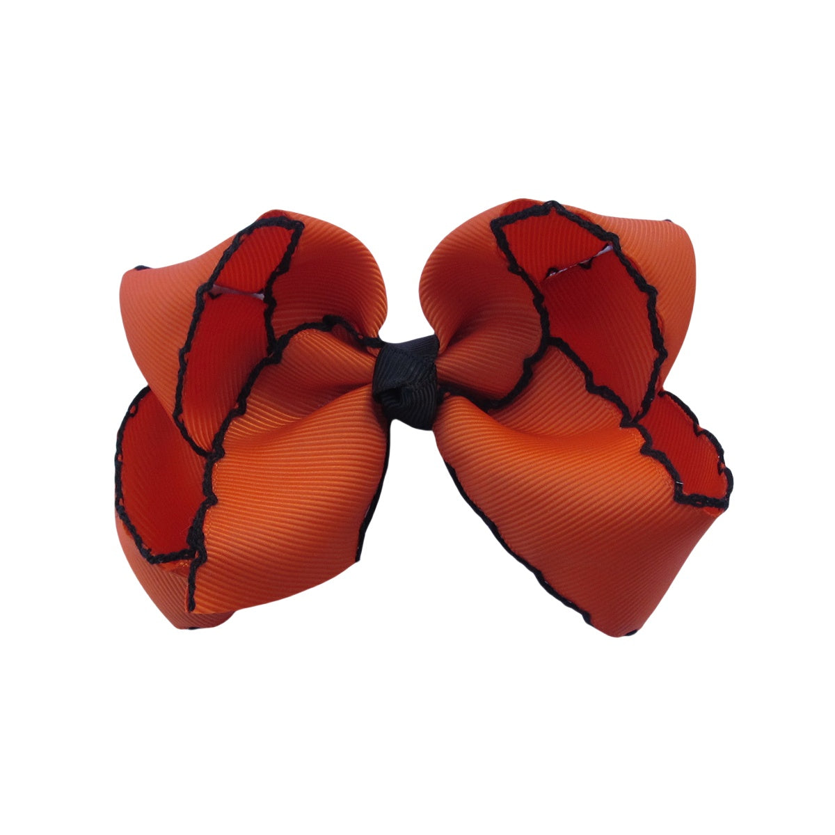 4 IN Torrid Orange w/Black stitching Moonstitch Hair Bows on a double prong alligator with Plain center Wrap