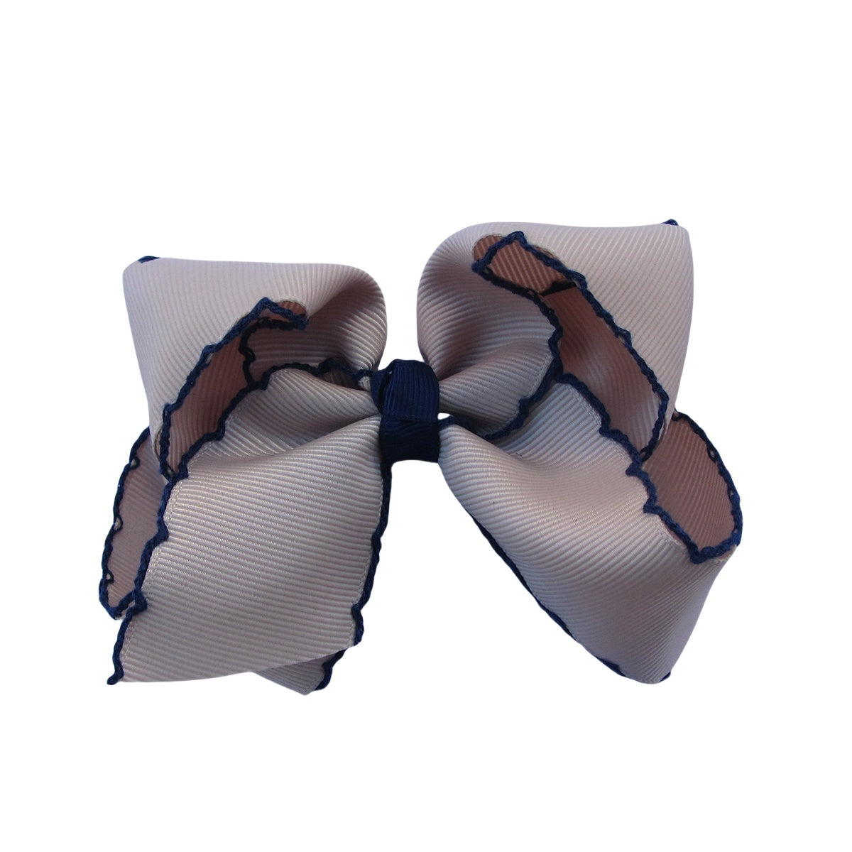 4 IN Tan w/Navy stitching Moonstitch Hair Bows on a double prong alligator with Plain center Wrap
