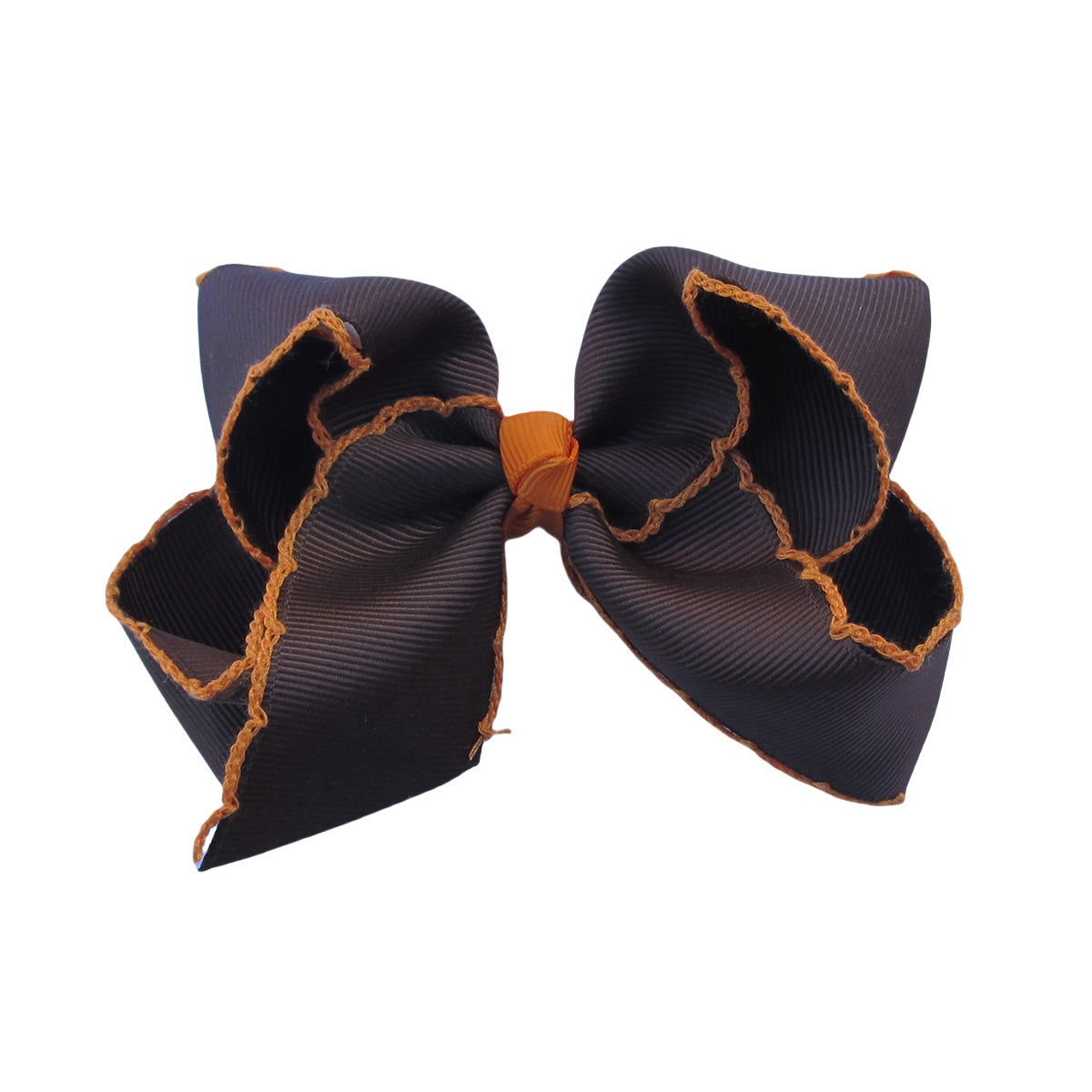 4 IN Brown w/Tangerine stitching Moonstitch Hair Bows on a double prong alligator with Plain center Wrap