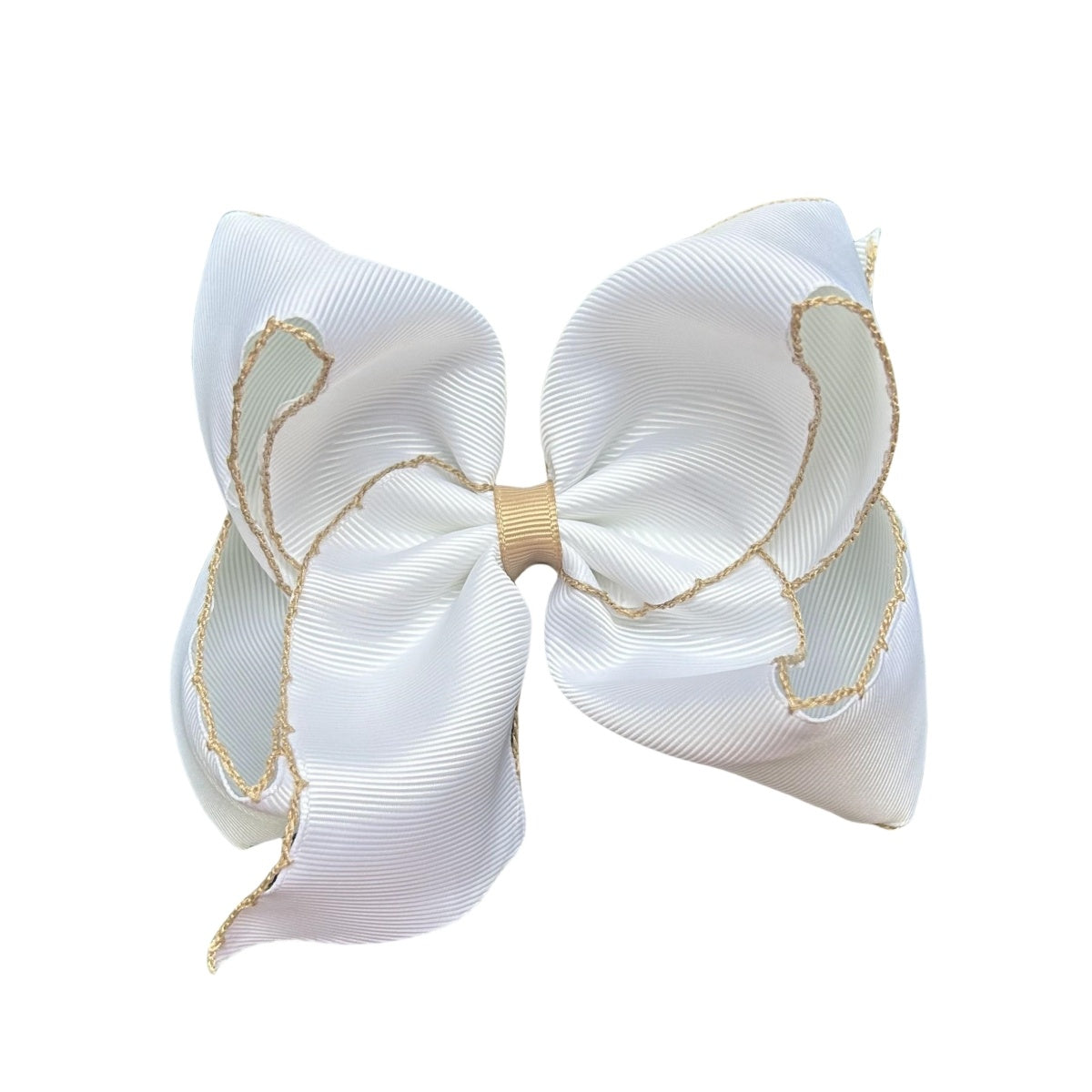5 IN white w/Tan stitching Moonstitch Hair Bows on a double prong alligator with Plain center Wrap