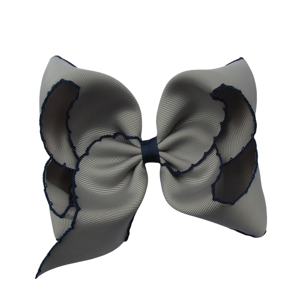 5 IN Grey w/navy stitching Moonstitch Hair Bows on a double prong alligator with Plain center Wrap