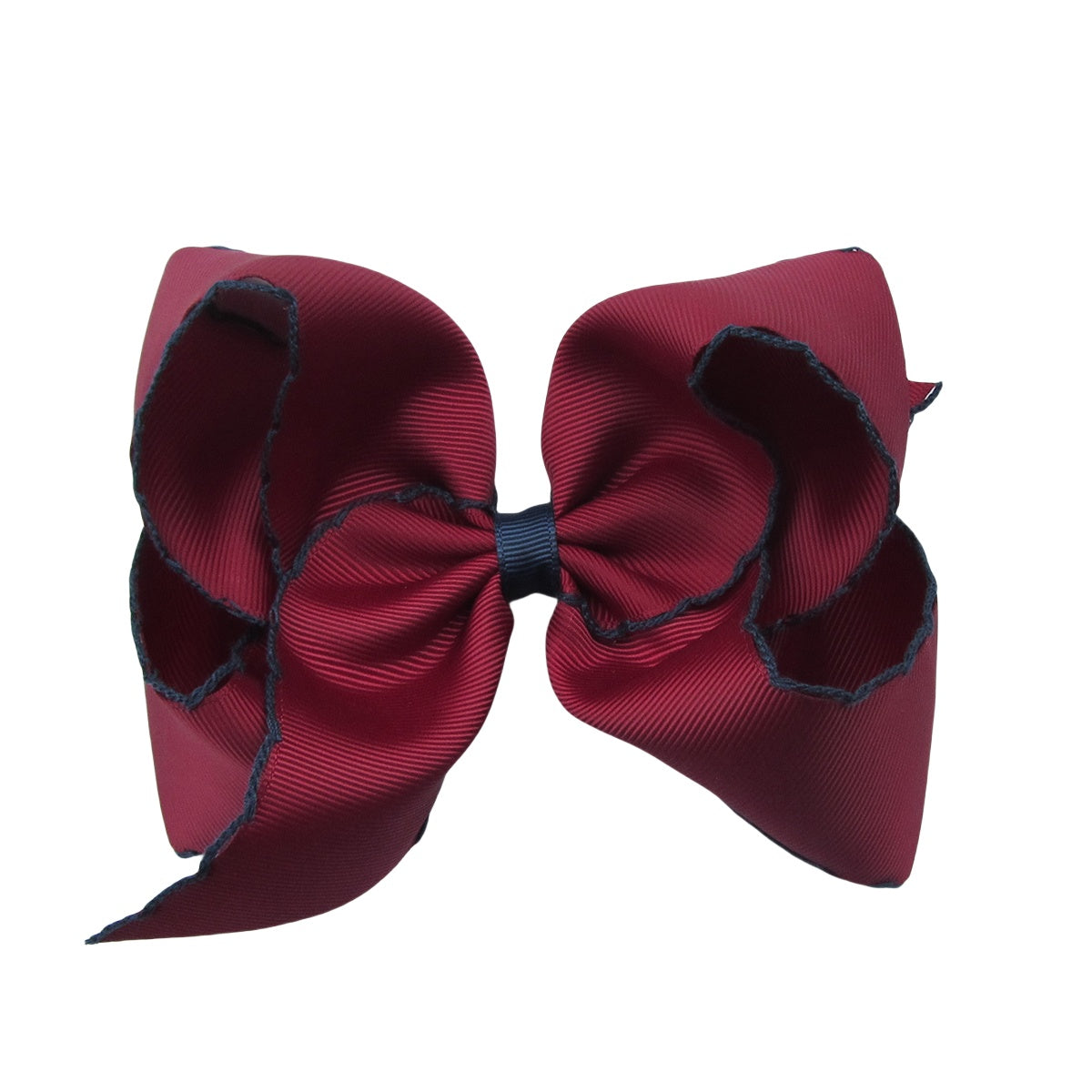 5 IN wine w/navy stitching Moonstitch Hair Bows on a double prong alligator with Plain center Wrap