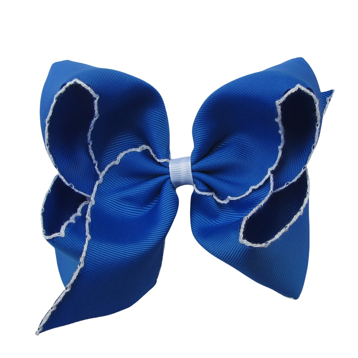5 IN electric blue w/white stitching Moonstitch Hair Bows on a double prong alligator with Plain center Wrap