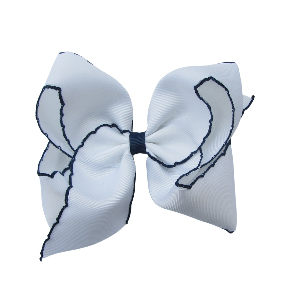 5 IN white w/navy stitching Moonstitch Hair Bows on a double prong alligator with Plain center Wrap