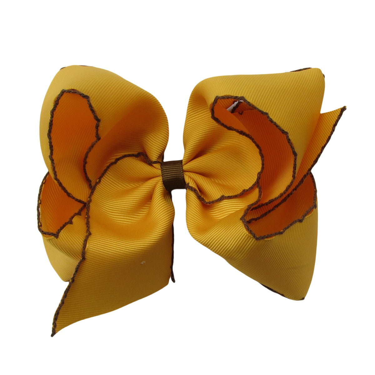 5 IN maize w/brown stitching Moonstitch Hair Bows on a double prong alligator with Plain center Wrap