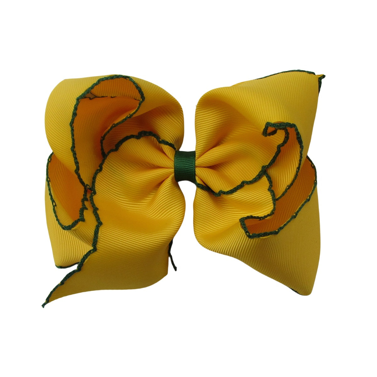 5 IN daffodil w/forest green stitching Moonstitch Hair Bows on a double prong alligator with Plain center Wrap
