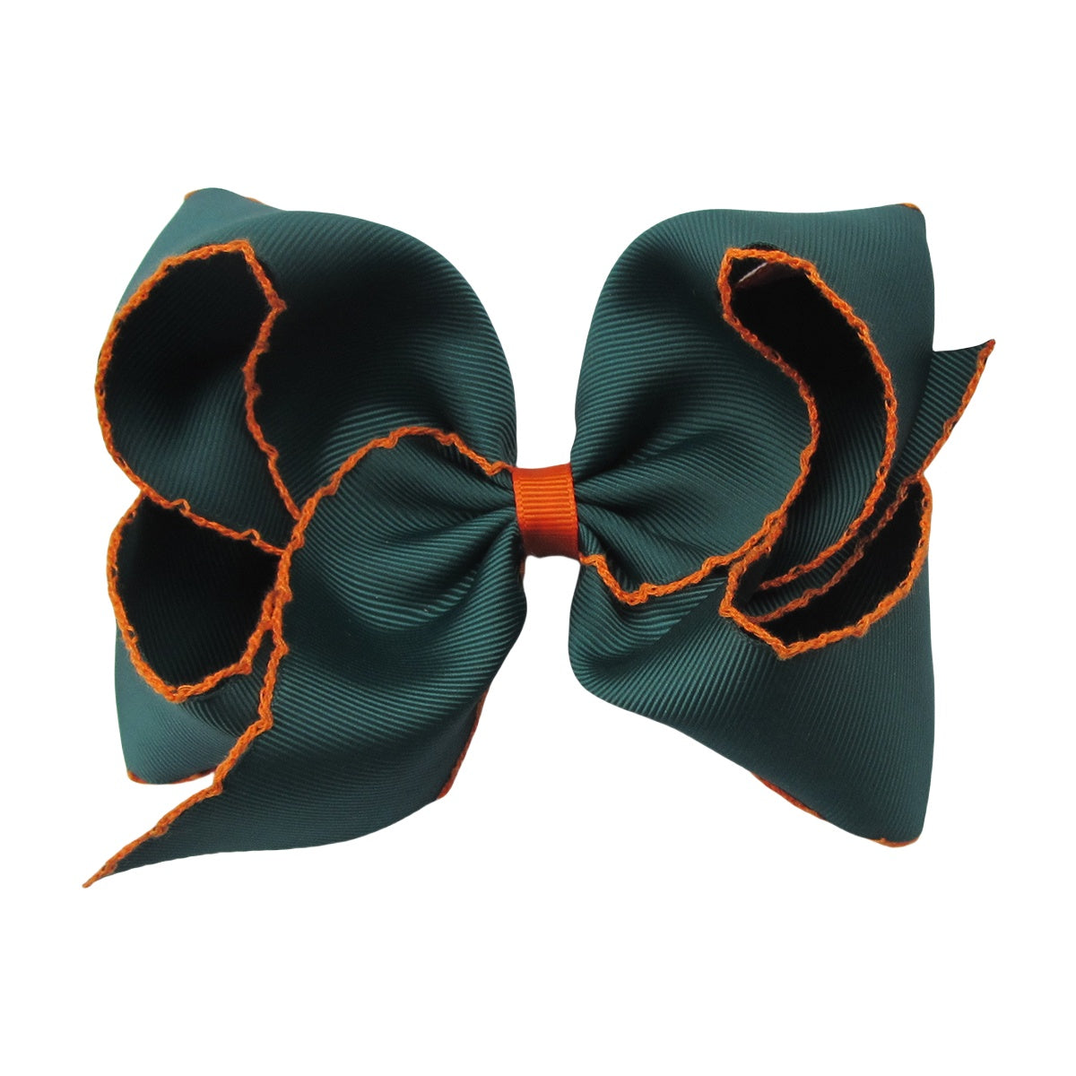 5 IN forest green w/dandelion stitching Moonstitch Hair Bows on a double prong alligator with Plain center Wrap