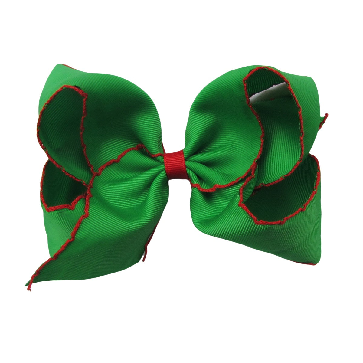 5 IN emerald w/red stitching Moonstitch Hair Bows on a double prong alligator with Plain center Wrap