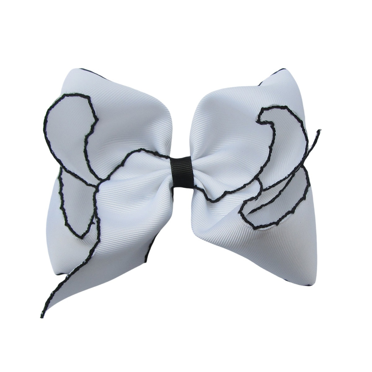 5 IN White w/Black stitching Moonstitch Hair Bows on a double prong alligator with Plain center Wrap