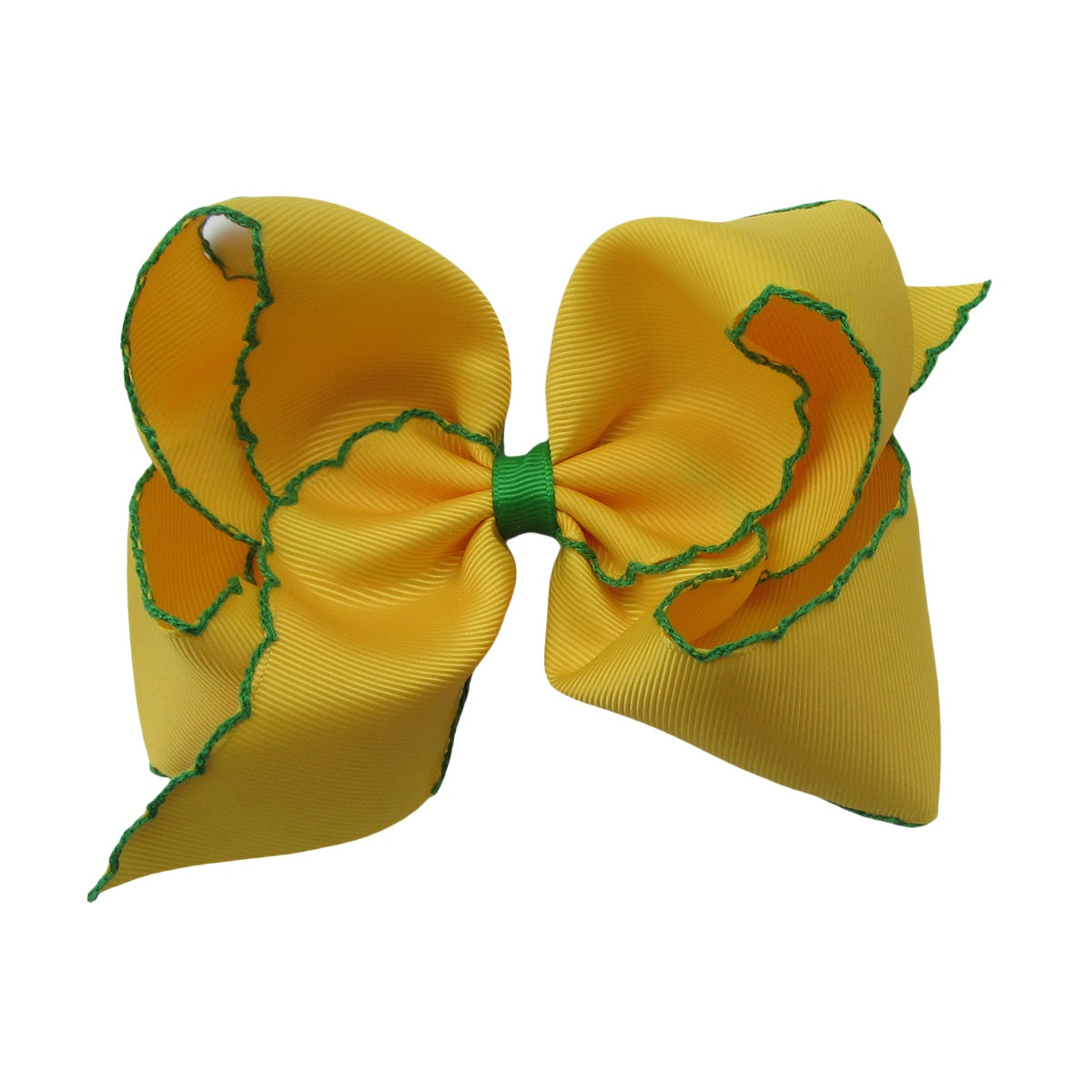 5 IN Maize w/emerald stitching Moonstitch Hair Bows on a double prong alligator with Plain center Wrap
