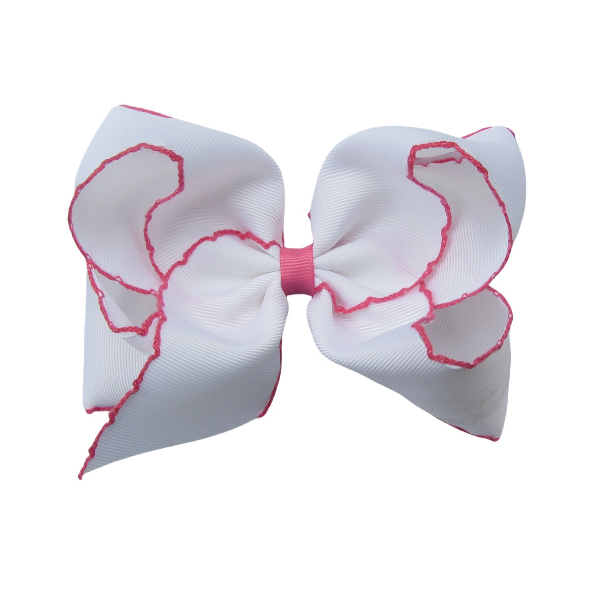 5 IN White w/Hot Pink stitching Moonstitch Hair Bows on a double prong alligator with Plain center Wrap