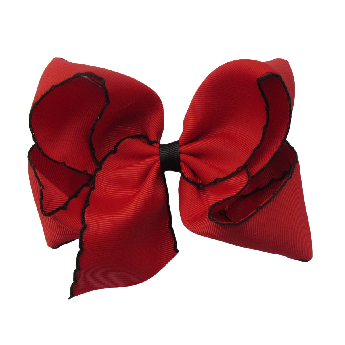 5 IN Red w/Black stitching Moonstitch Hair Bows on a double prong alligator with Plain center Wrap