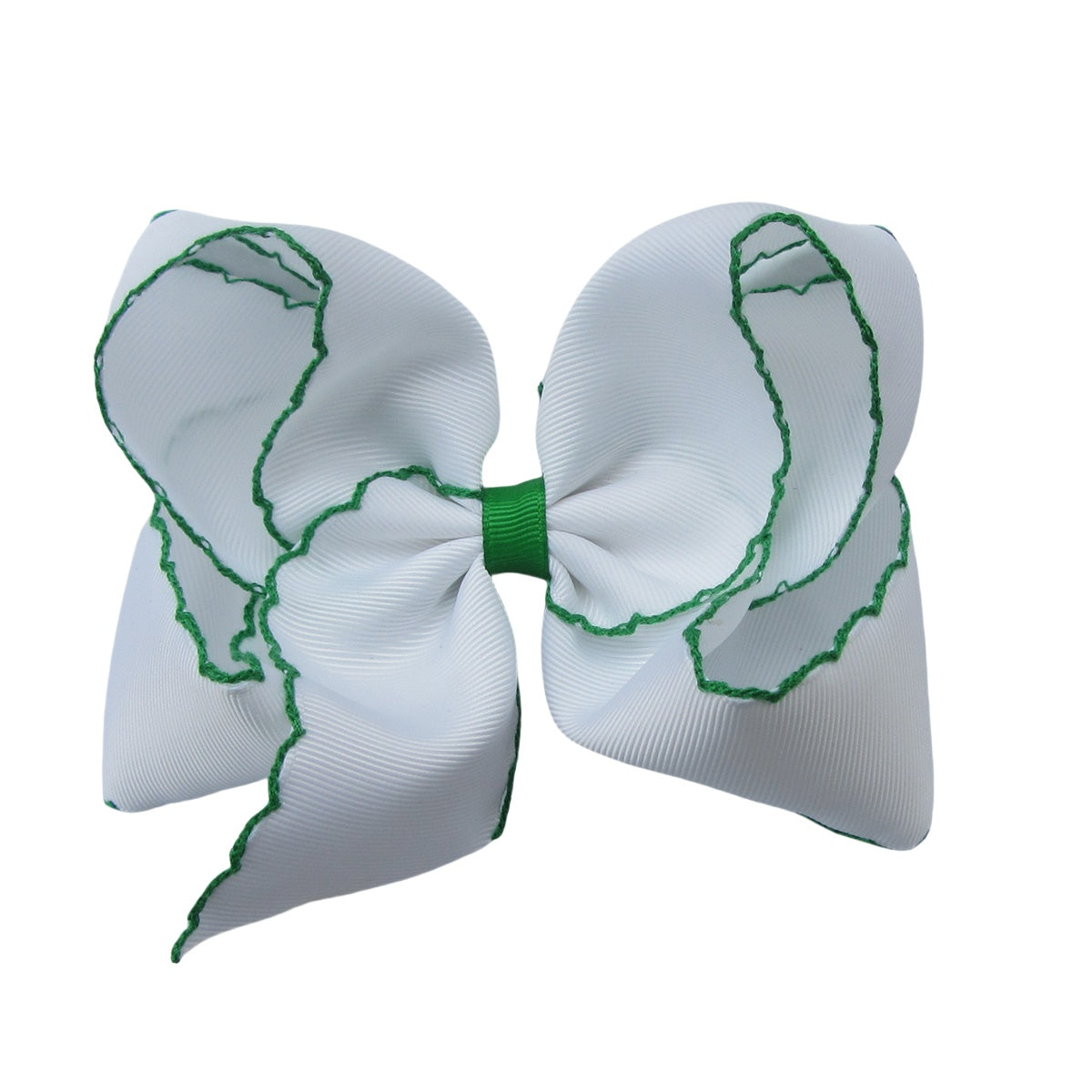 5 IN white w/emerald stitching Moonstitch Hair Bows on a double prong alligator with Plain center Wrap