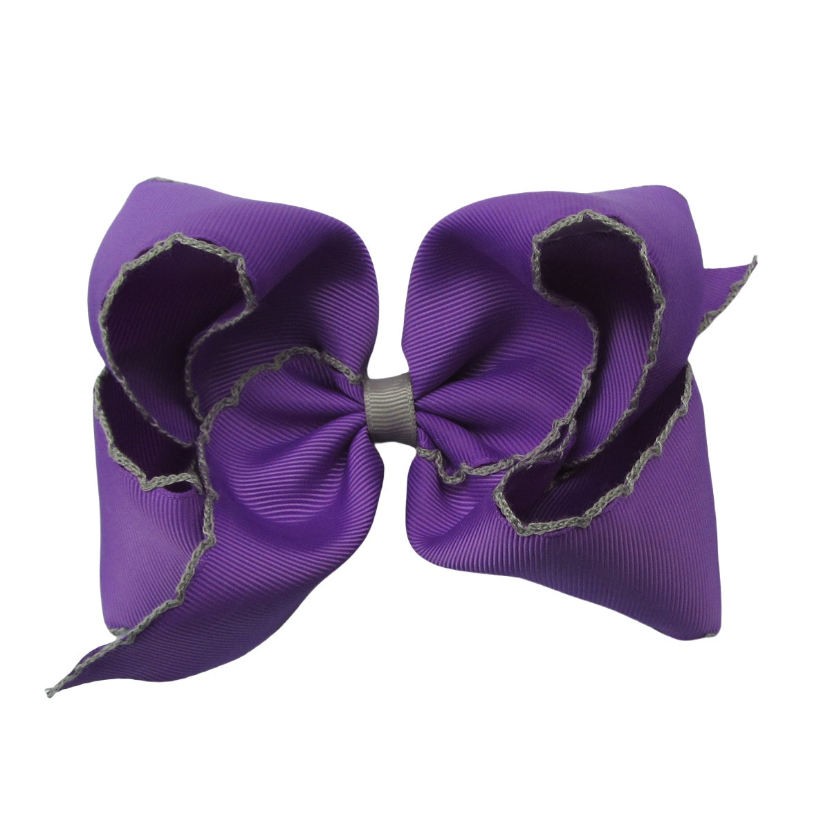5 IN Purple w/Silver stitching Moonstitch Hair Bows on a double prong alligator with Plain center Wrap
