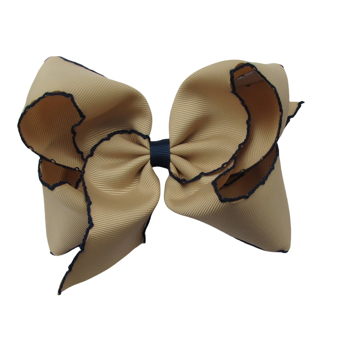 5 IN Tan w/Black stitching Moonstitch Hair Bows on a double prong alligator with Plain center Wrap