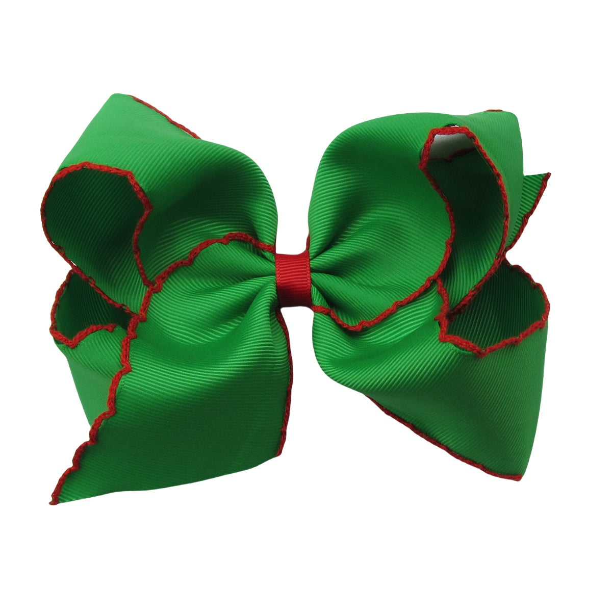 5 IN emerald w/Red stitching Moonstitch Hair Bows on a double prong alligator with Plain center Wrap
