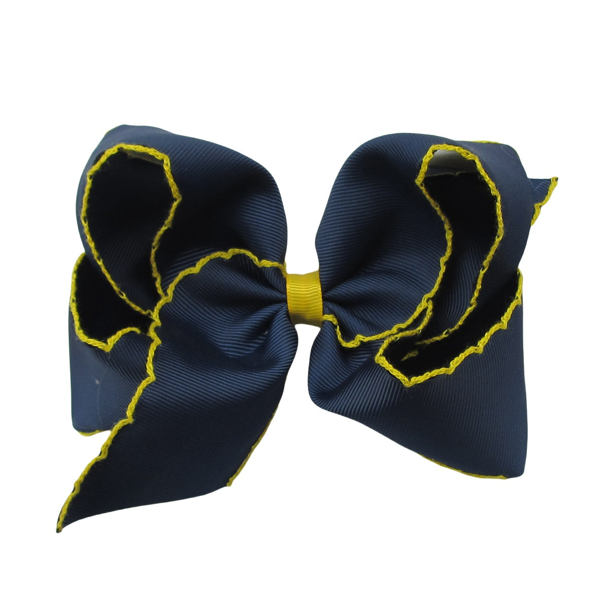 5 IN Navy w/Maize stitching Moonstitch Hair Bows on a double prong alligator with Plain center Wrap