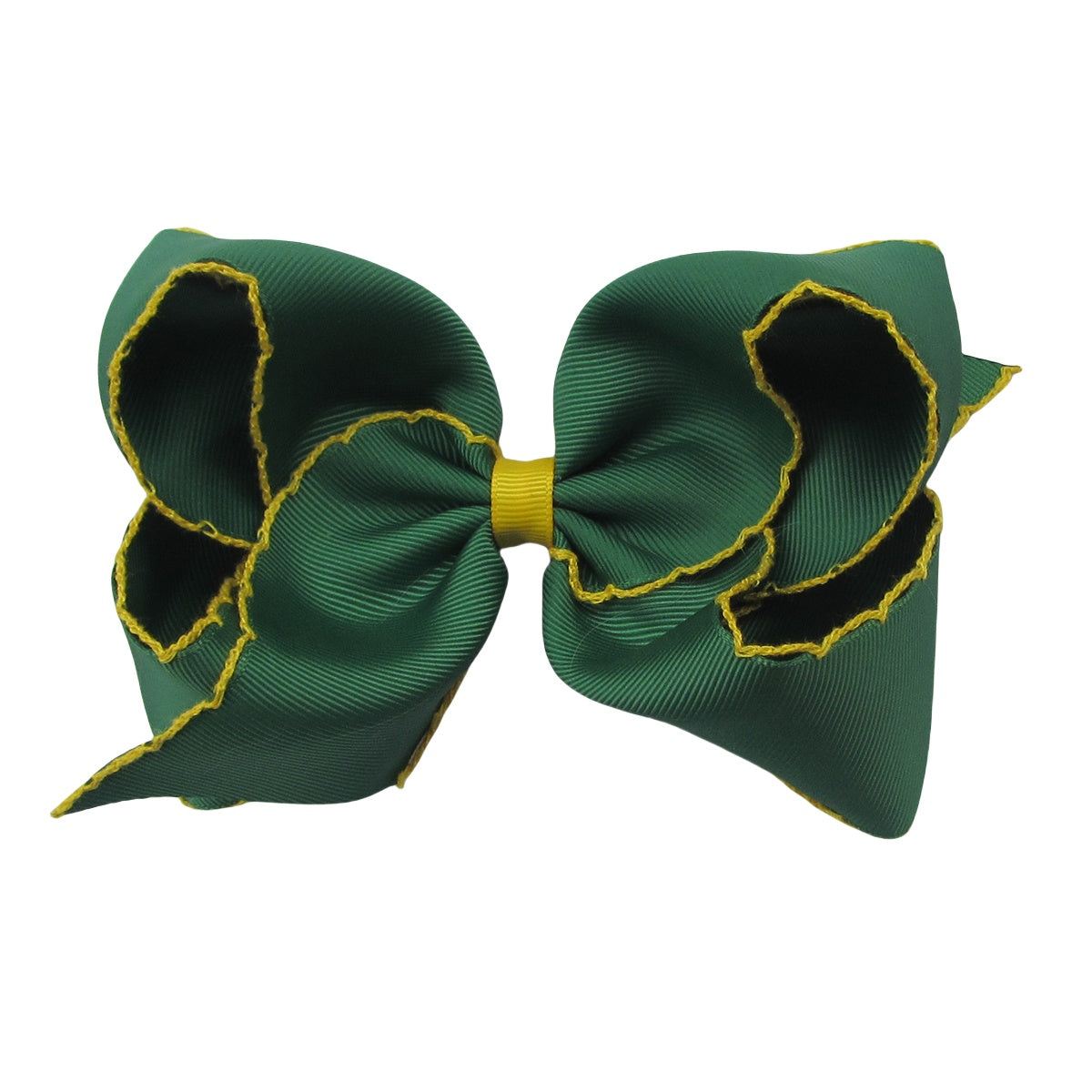 5 IN Forest Green w/Maize stitching Moonstitch Hair Bows on a double prong alligator with Plain center Wrap
