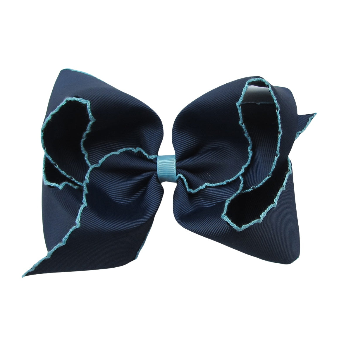 5 IN Navy w/Blue MIst stitching Moonstitch Hair Bows on a double prong alligator with Plain center Wrap