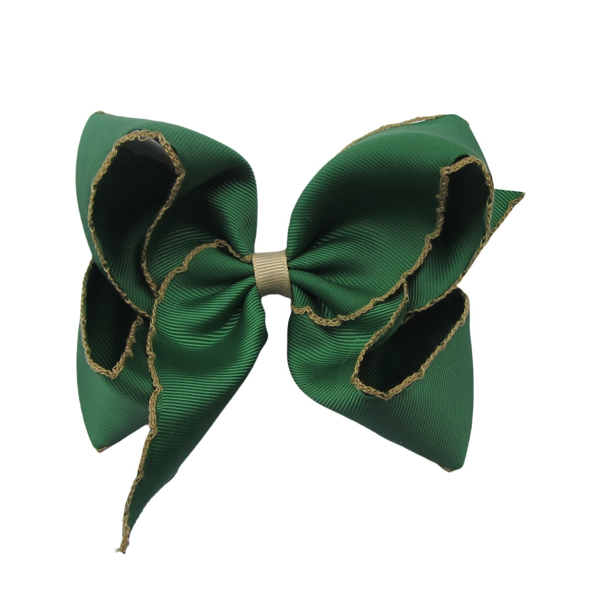 5 IN Forest Green w/Tan stitching Moonstitch Hair Bows on a double prong alligator with Plain center Wrap